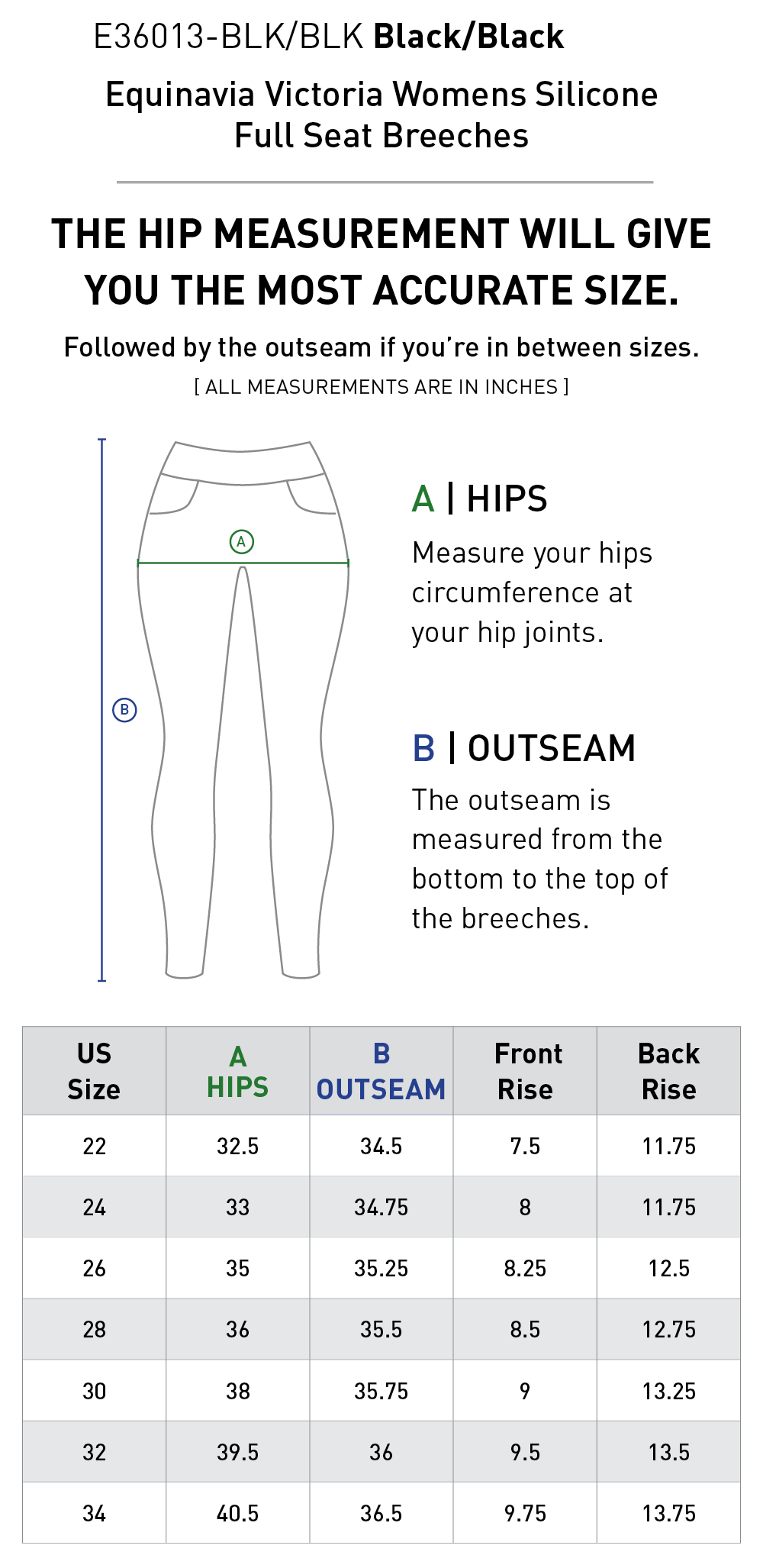 Size chart: Women's Full Seat Breeches & Tights