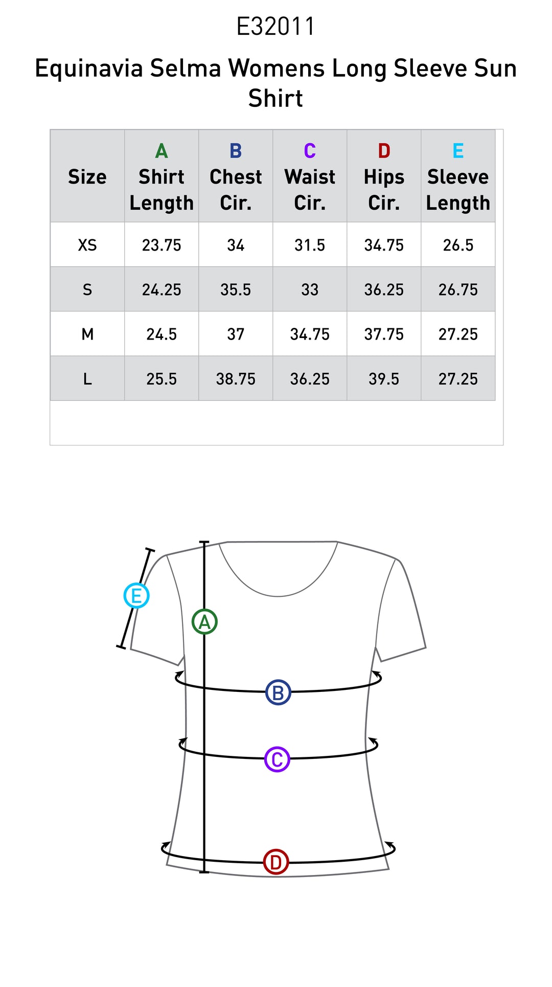 Size chart: Zip Front and Technical Shirts