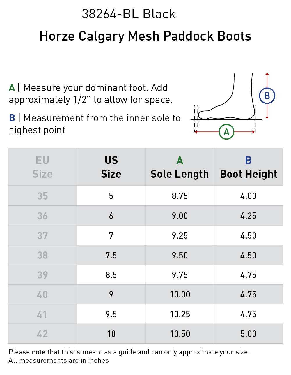 Size chart: Paddock Boots