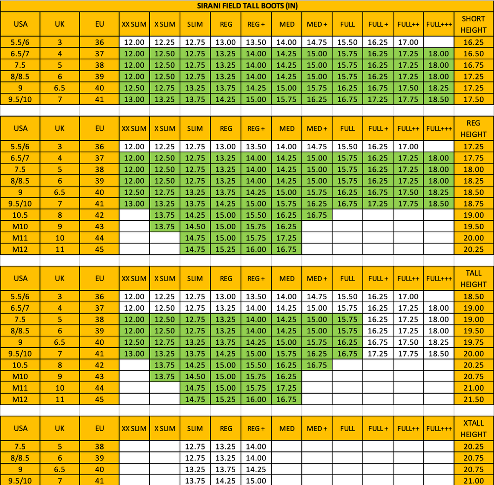 Size chart: Field Boots