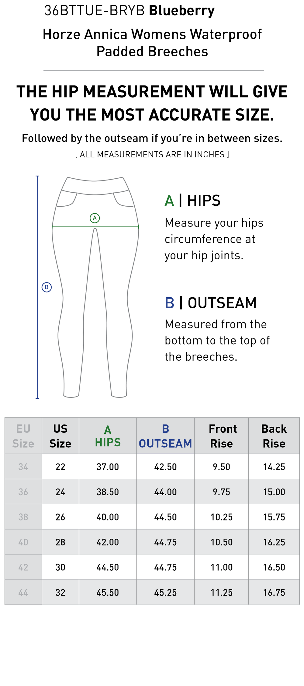 Size chart: Women's Full Seat Breeches & Tights