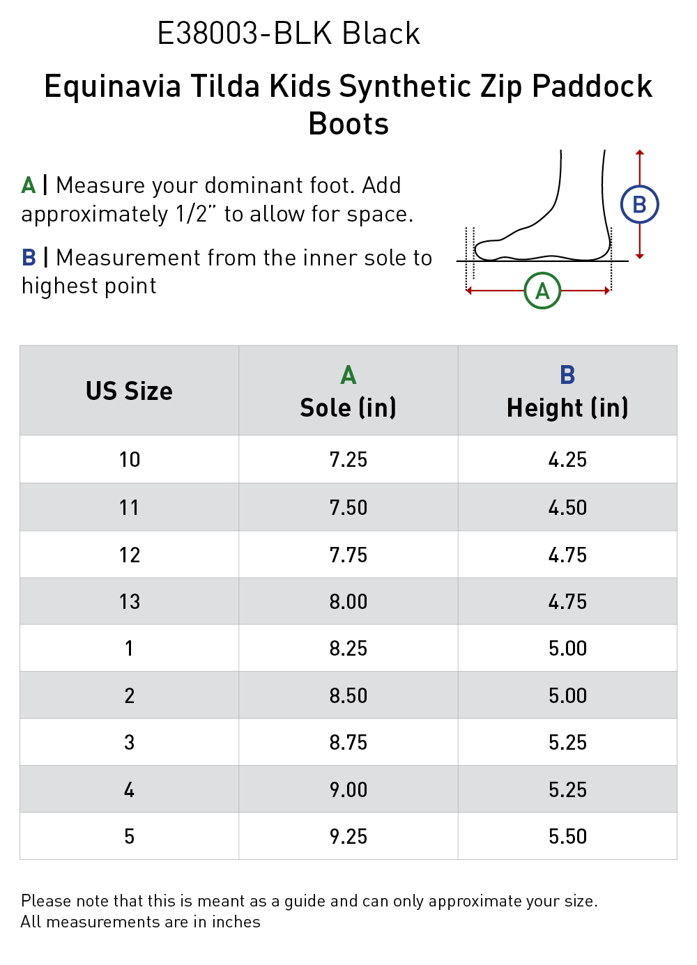 Size chart: Paddock Boots