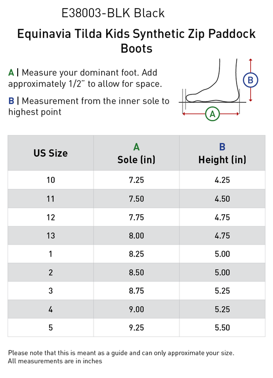 Size chart: Paddock Boots