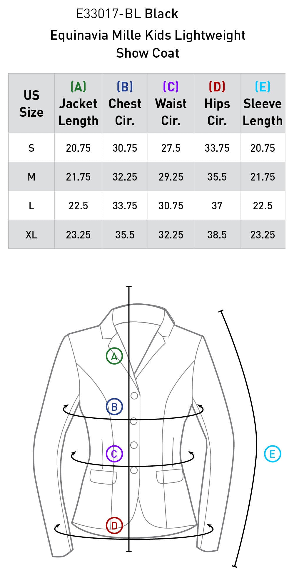 Size chart: Show Coats