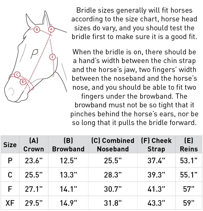 Size chart: English Bridles
