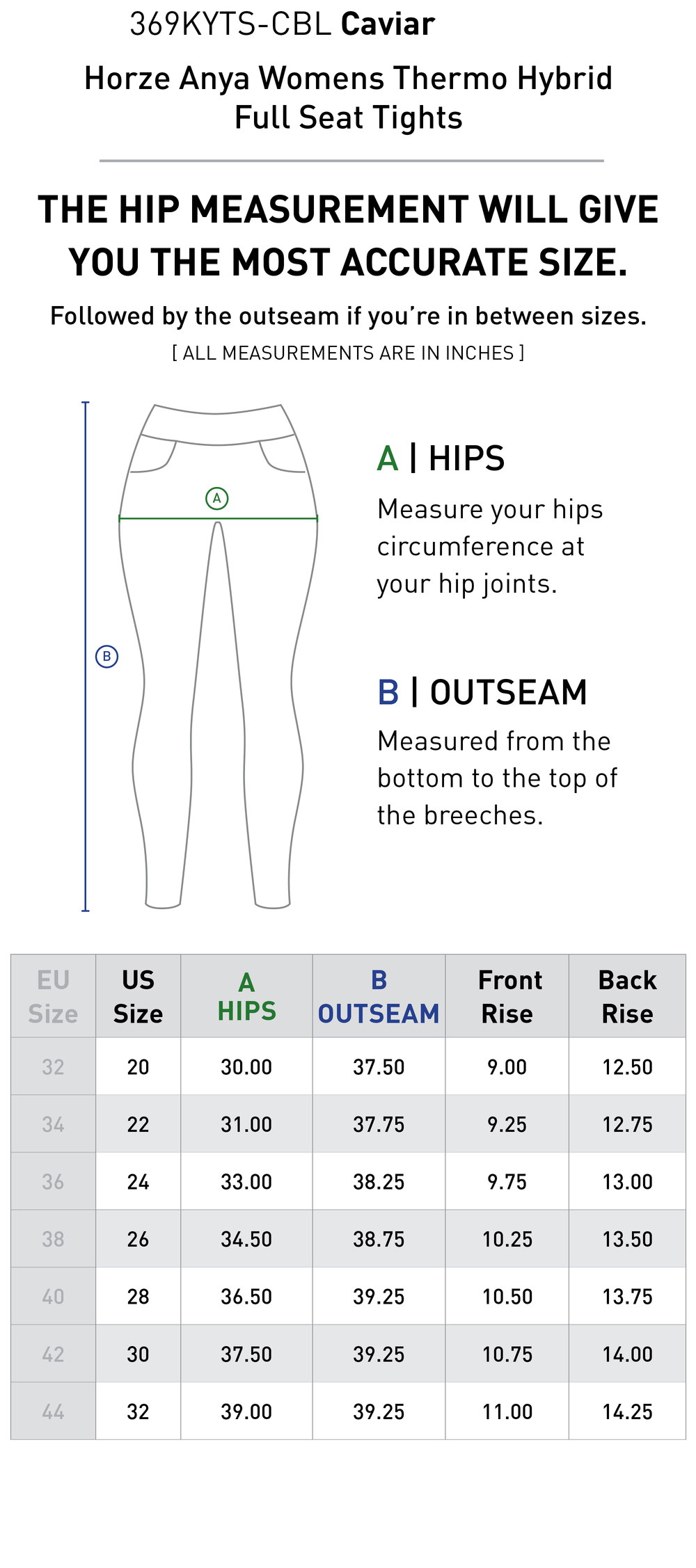 Size chart: Women's Full Seat Breeches & Tights