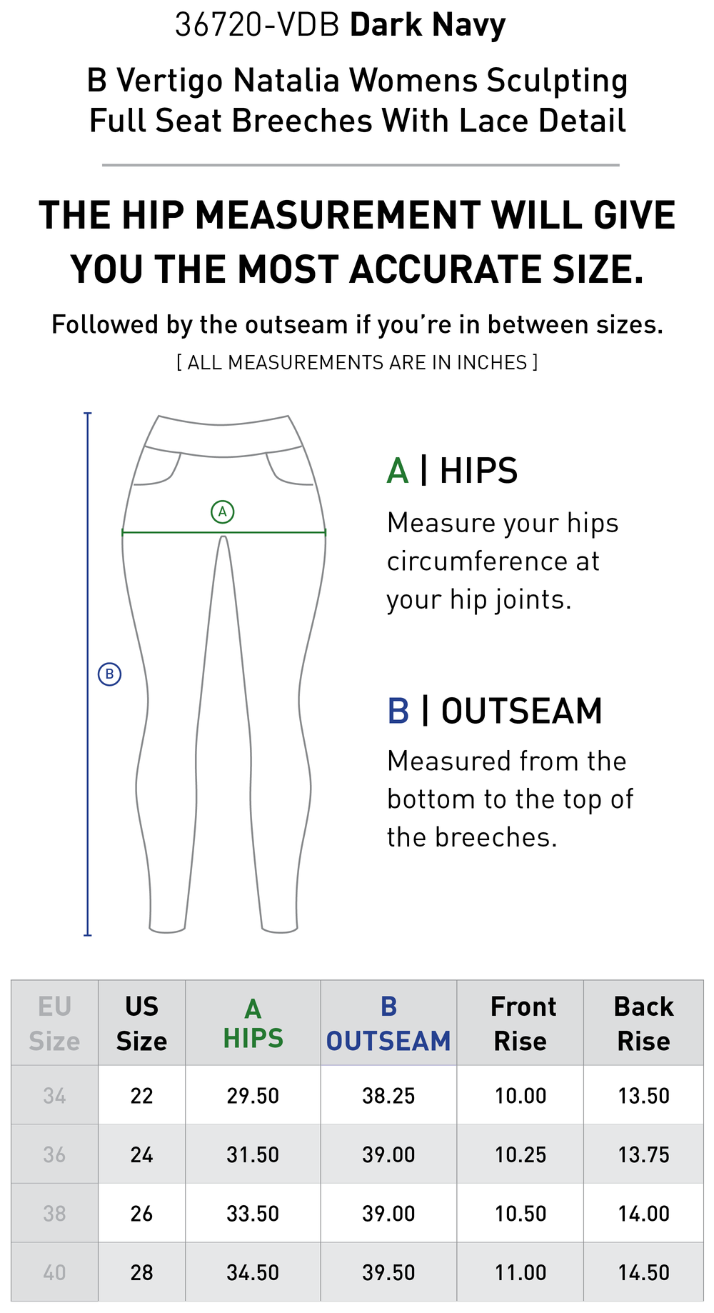 Size chart: Women's Full Seat Breeches & Tights