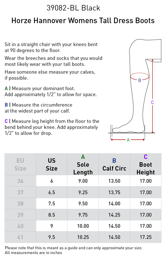 Size chart: Dress &amp; Dressage Boots