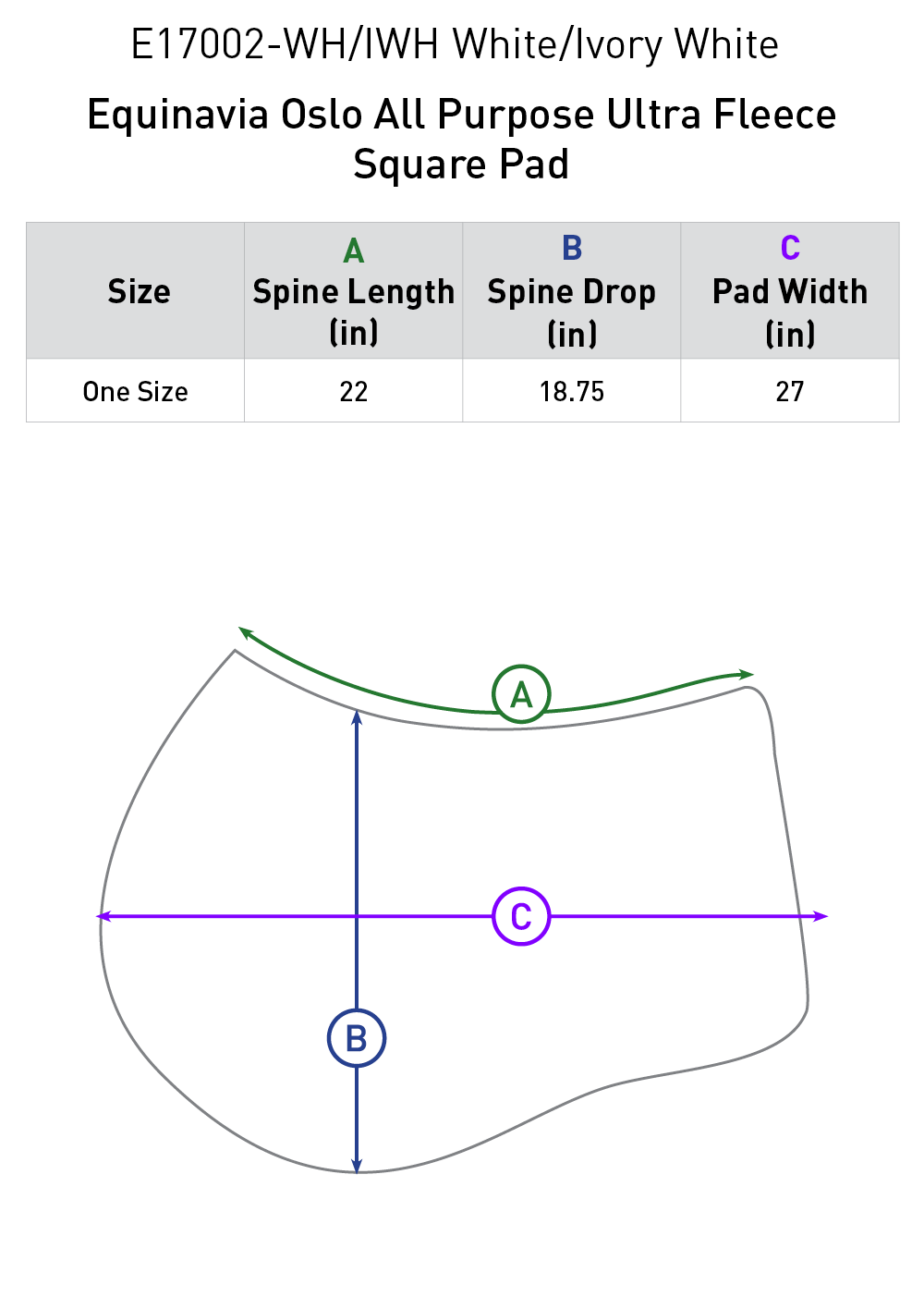 Size chart: Square All Purpose Saddle Pads