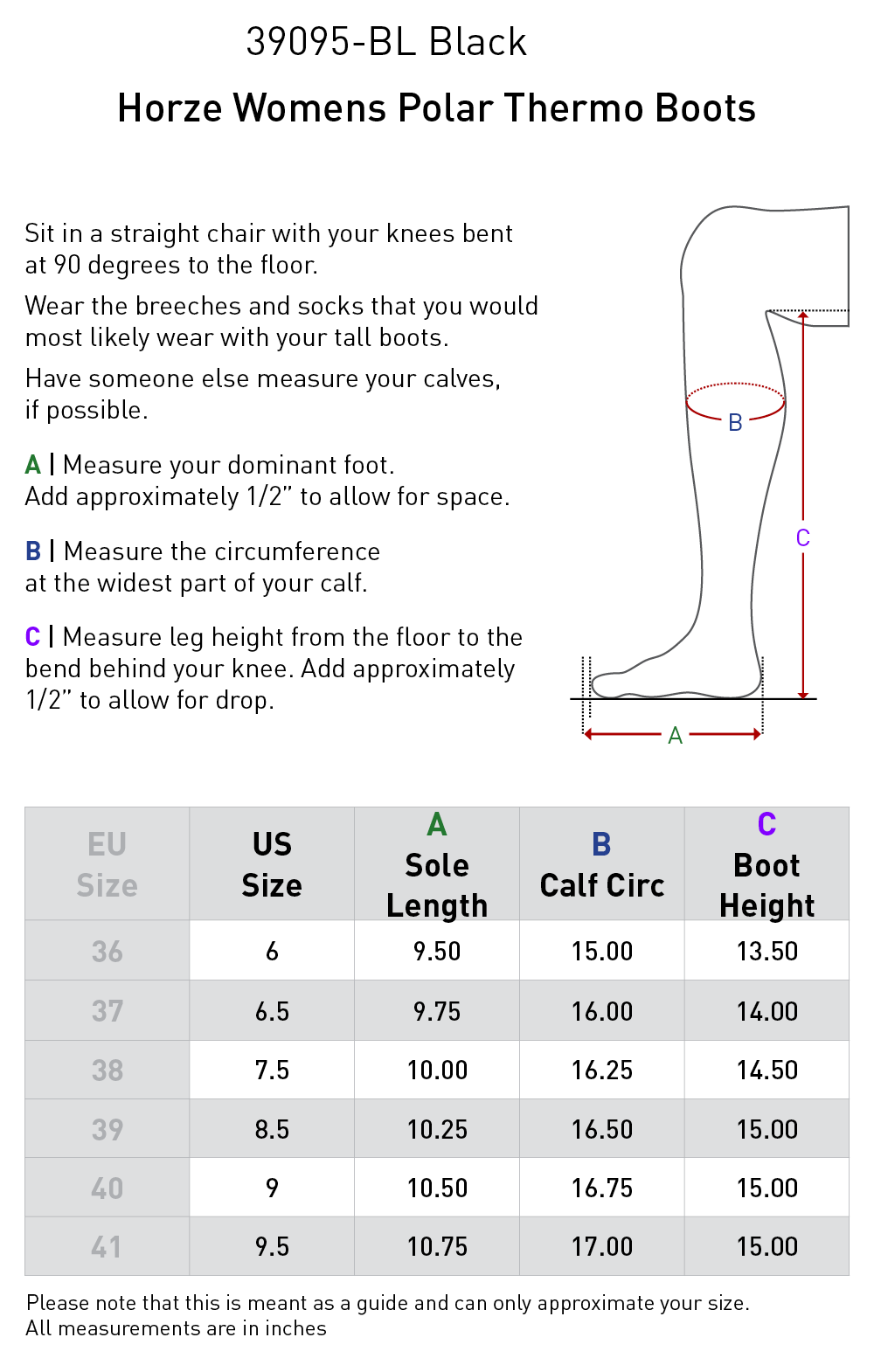 Size chart: Winter Tall Riding Boots