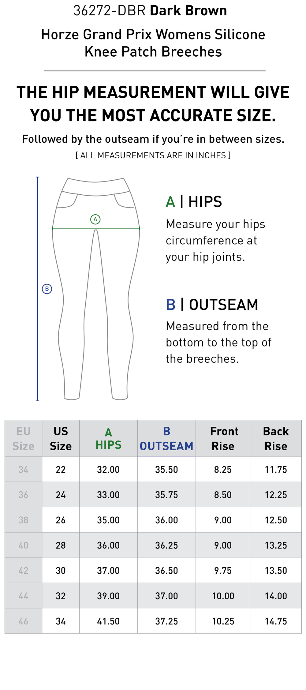 Size chart: Women's Knee Patch Breeches & Tights