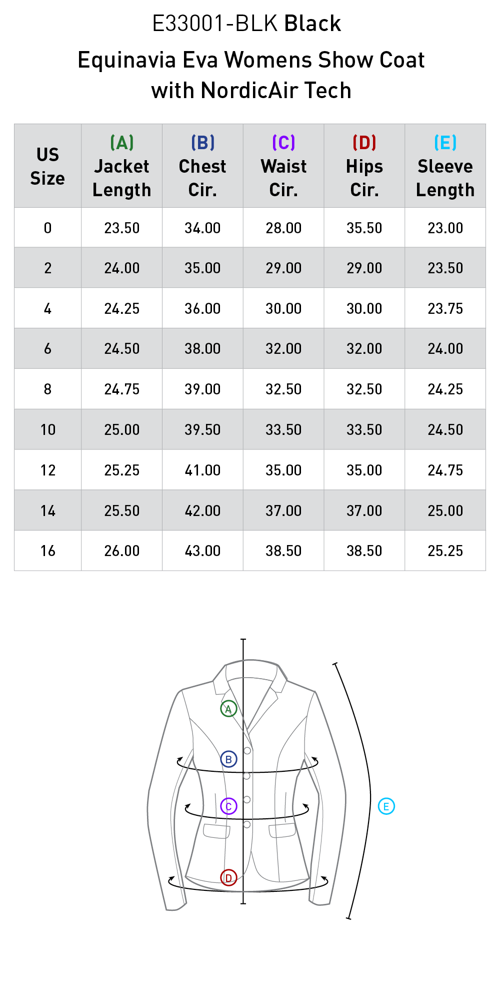 Size chart: Show Coats