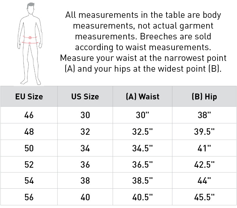 Size chart: Men's Riding Breeches