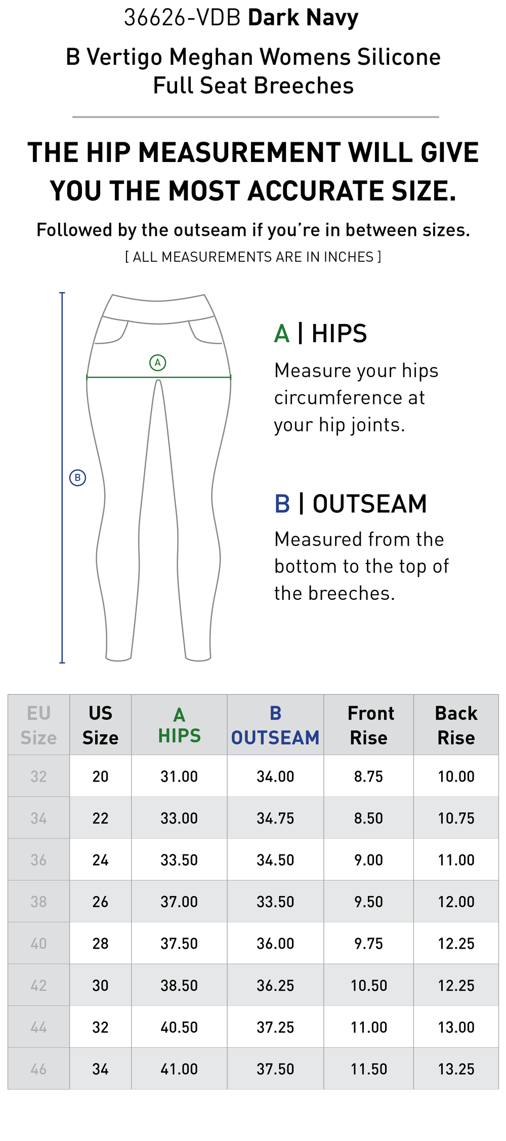 Size chart: Women's Full Seat Breeches & Tights