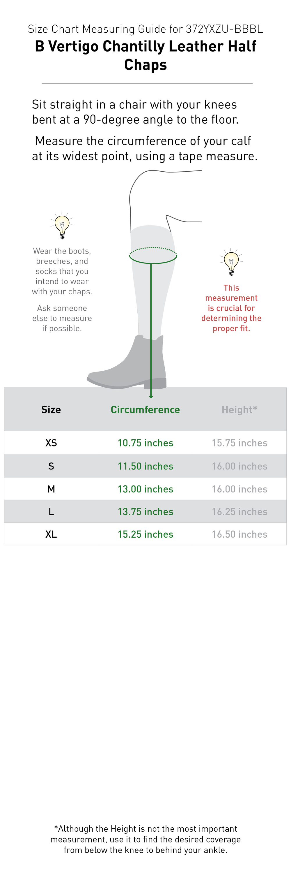 Size chart: Half Chaps