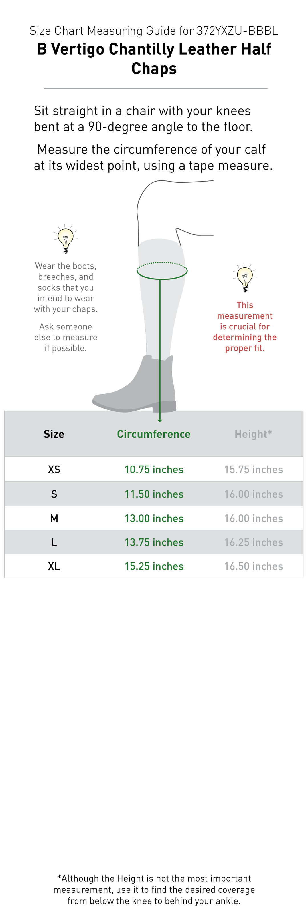 Size chart: Half Chaps