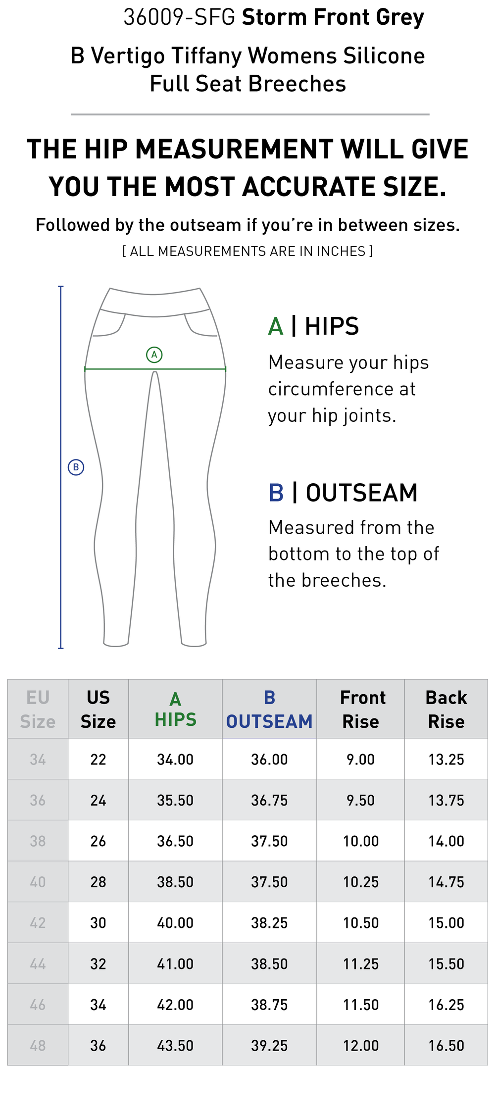 Size chart: Women's Full Seat Breeches & Tights