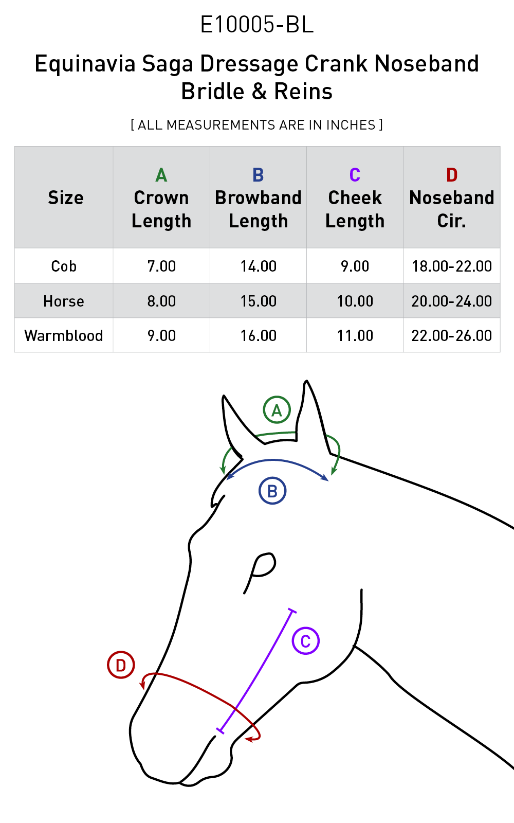 Size chart: English Bridles
