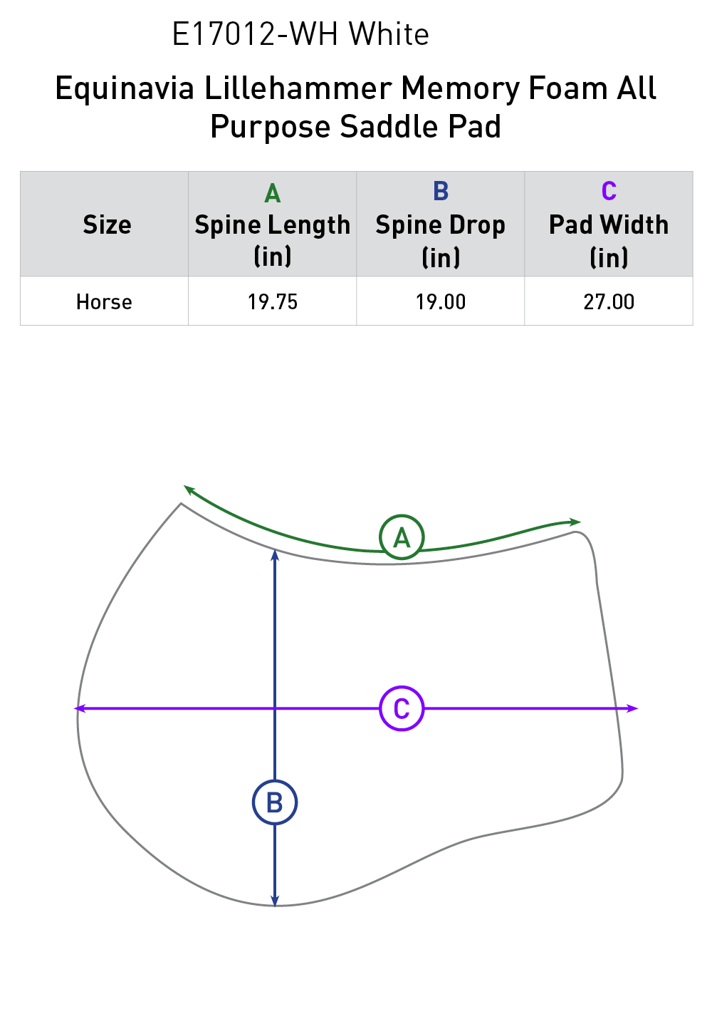 Size chart: Square All Purpose Saddle Pads