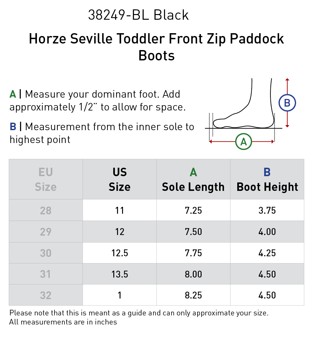 Size chart: Paddock Boots