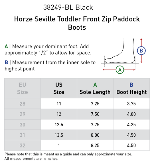 Size chart: Paddock Boots
