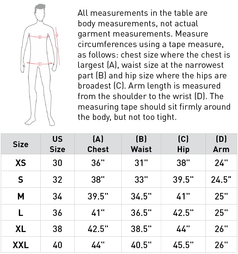 Size chart: Men's Shirts, Sweaters & Jackets