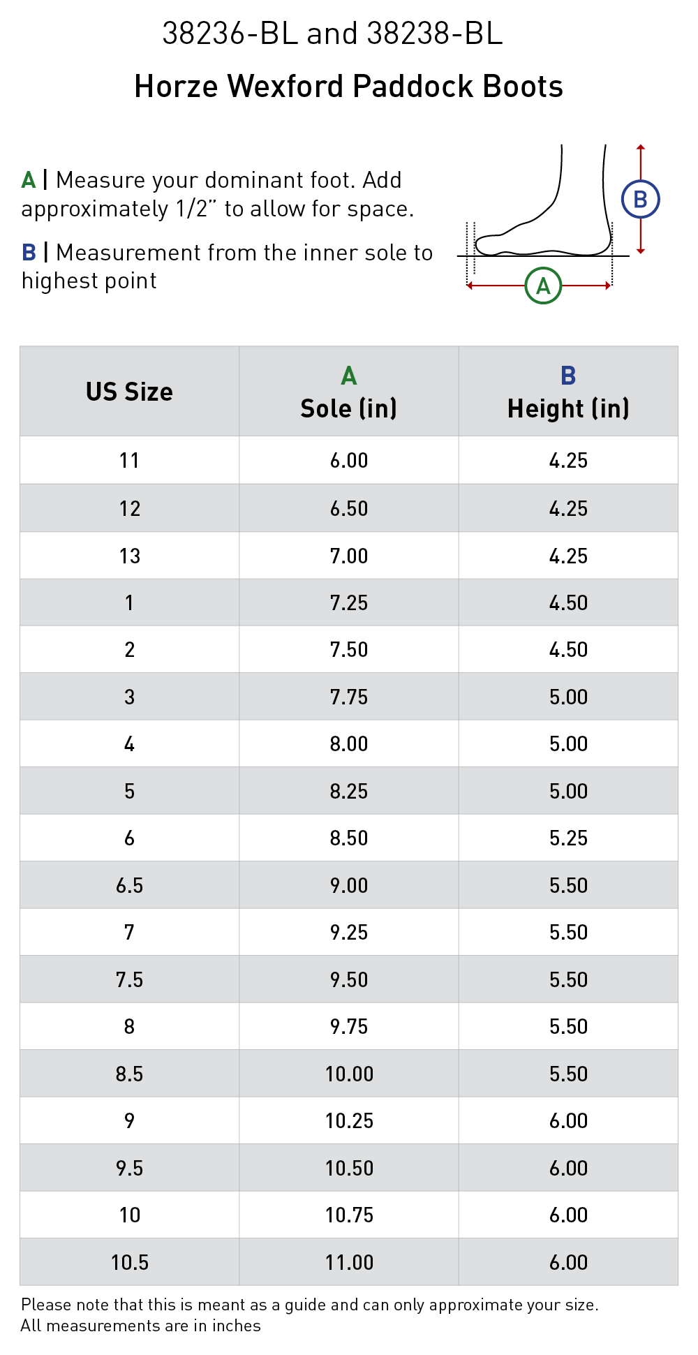Size chart: Paddock Boots