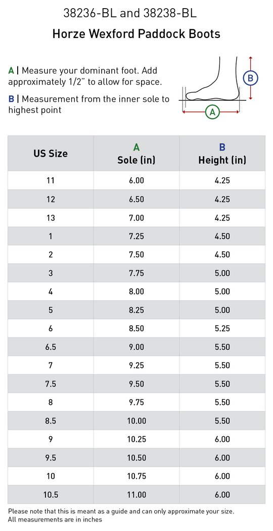 Size chart: Paddock Boots