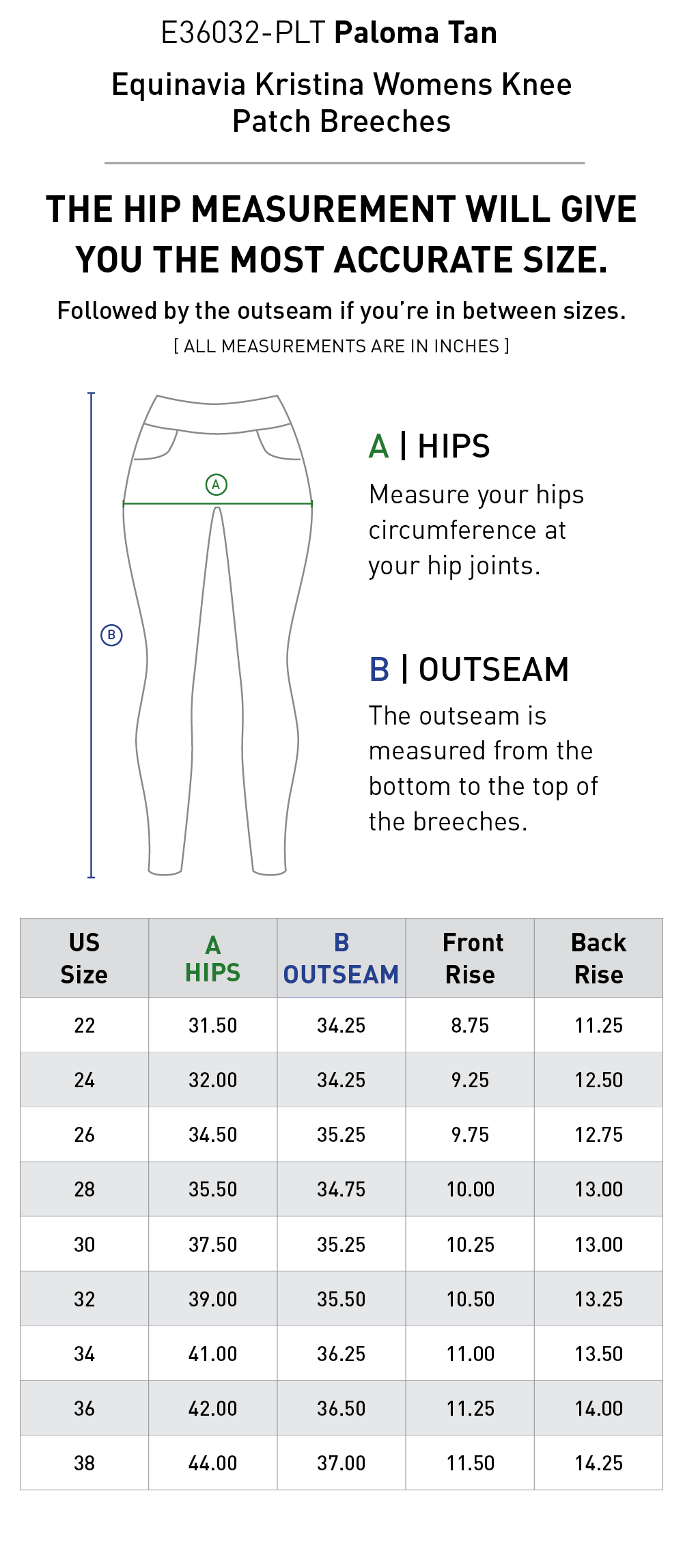 Size chart: Women's Knee Patch Breeches & Tights
