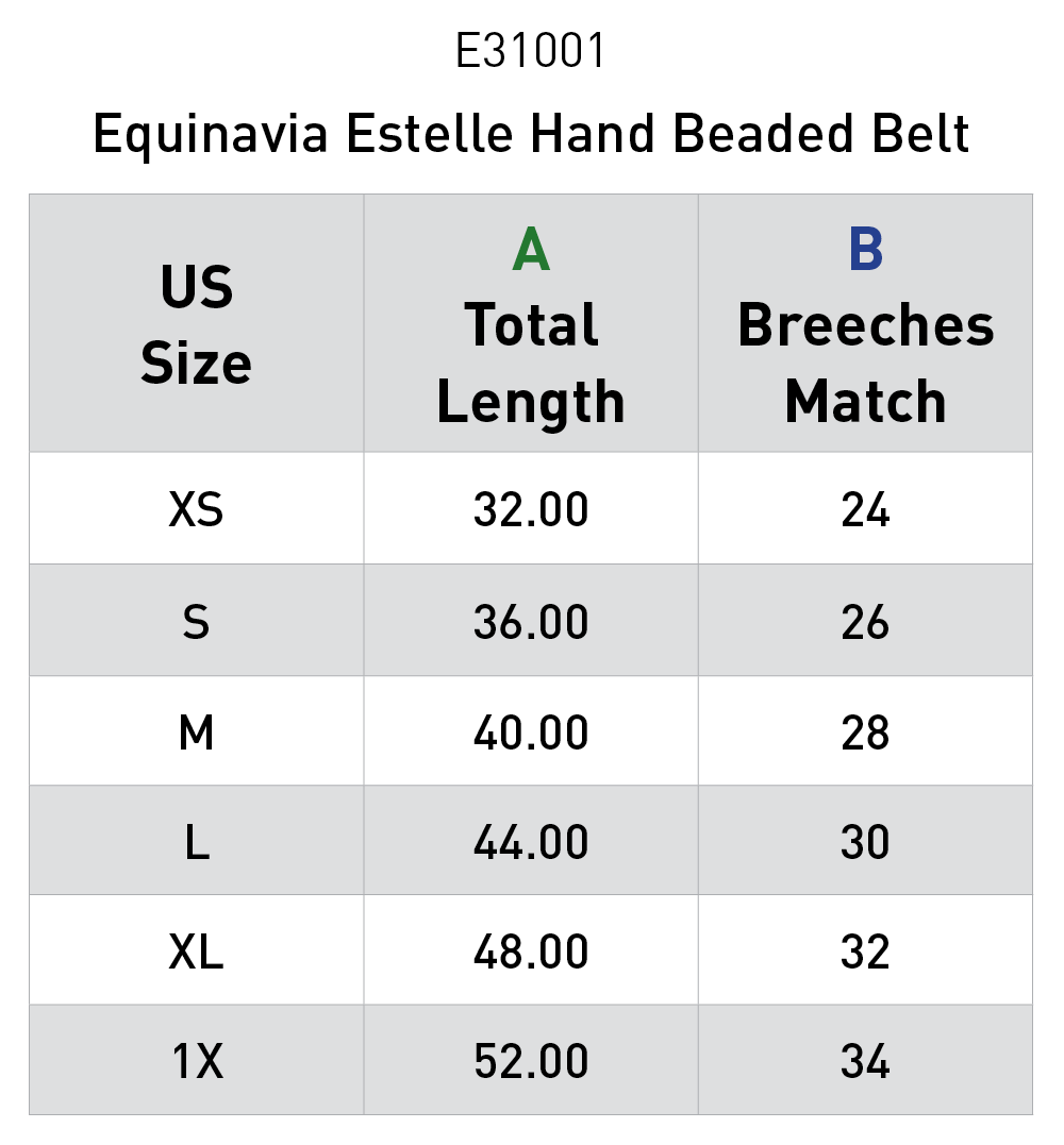 Size chart: Equestrian Belts