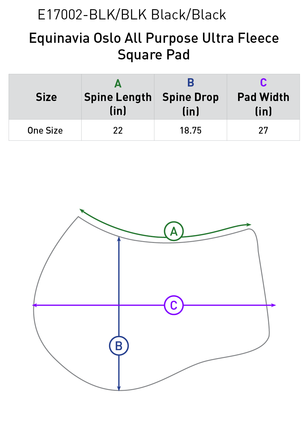 Size chart: Square All Purpose Saddle Pads