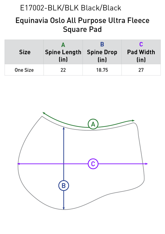 Size chart: Square All Purpose Saddle Pads