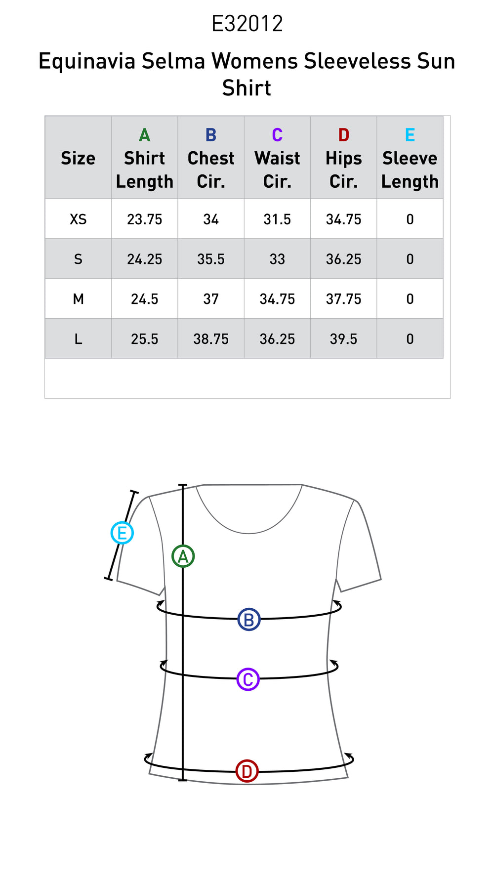 Size chart: Zip Front and Technical Shirts