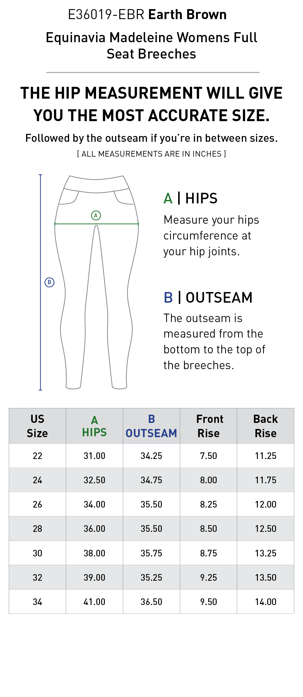 Size chart: Women's Full Seat Breeches & Tights
