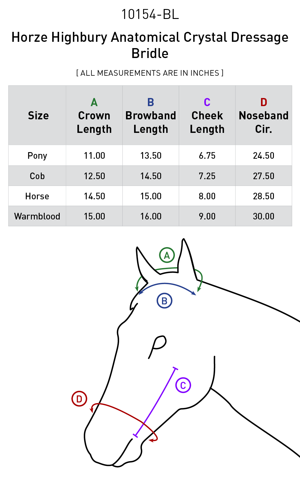 Size chart: English Bridles