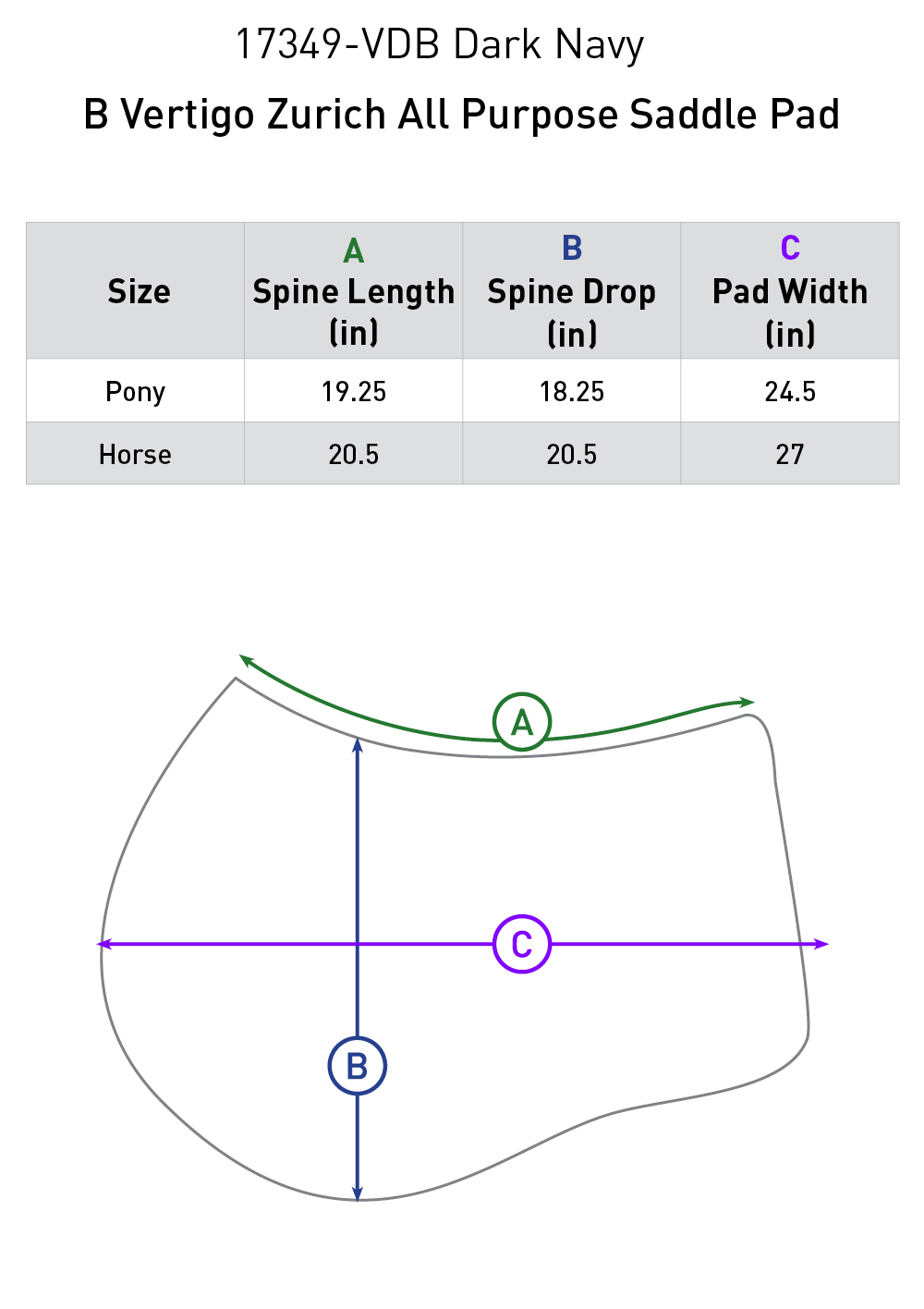 Size chart: Square All Purpose Saddle Pads