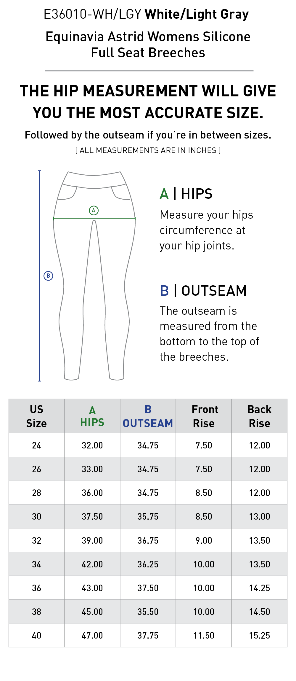 Size chart: Women's Full Seat Breeches & Tights