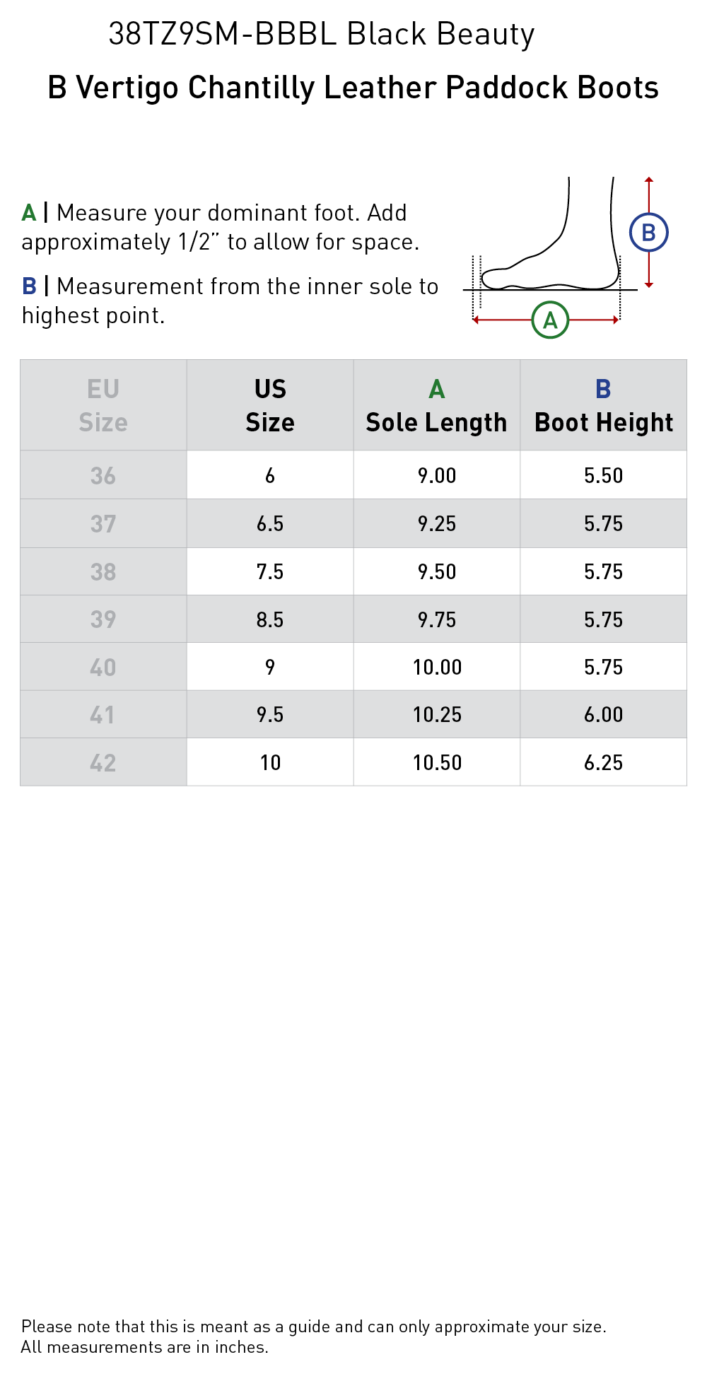 Size chart: Paddock Boots
