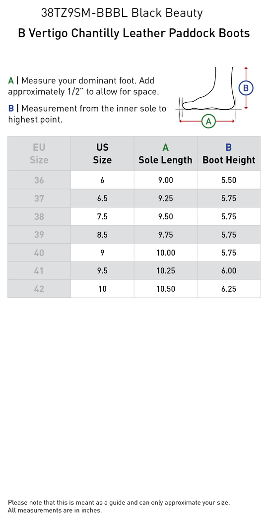 Size chart: Paddock Boots