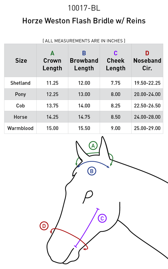 Size chart: English Bridles