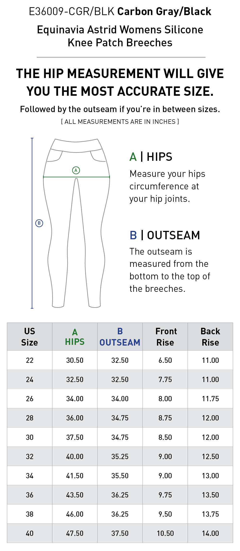 Size chart: Women's Knee Patch Breeches & Tights