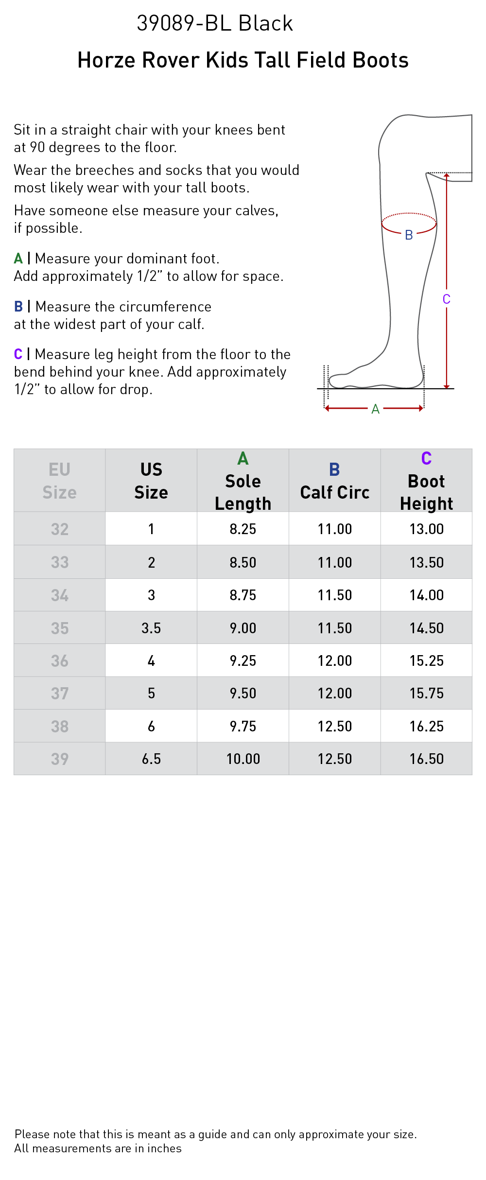 Size chart: Dress &amp; Dressage Boots