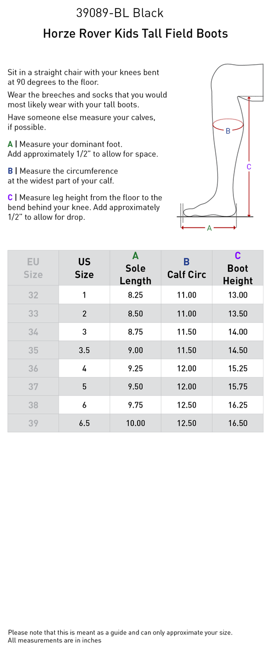 Size chart: Dress &amp; Dressage Boots