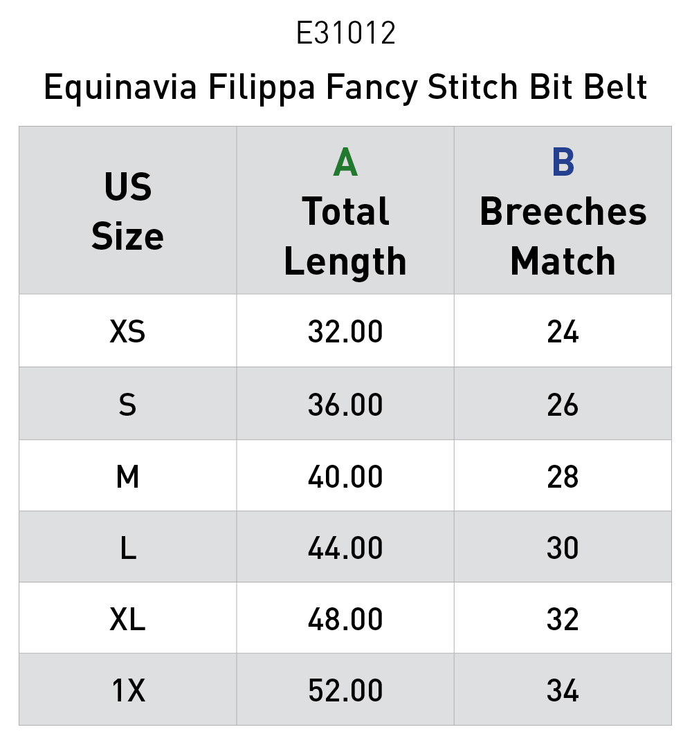 Size chart: Equestrian Belts