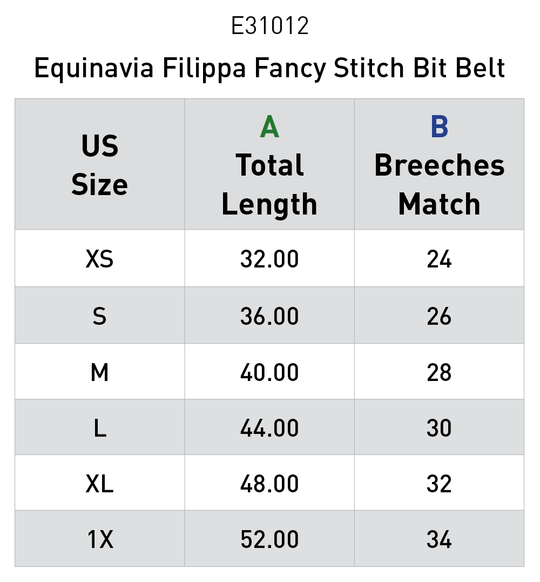 Size chart: Equestrian Belts