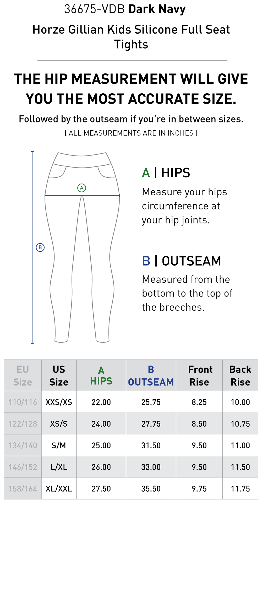 Size chart: Kid's Full Seat Breeches & Tights