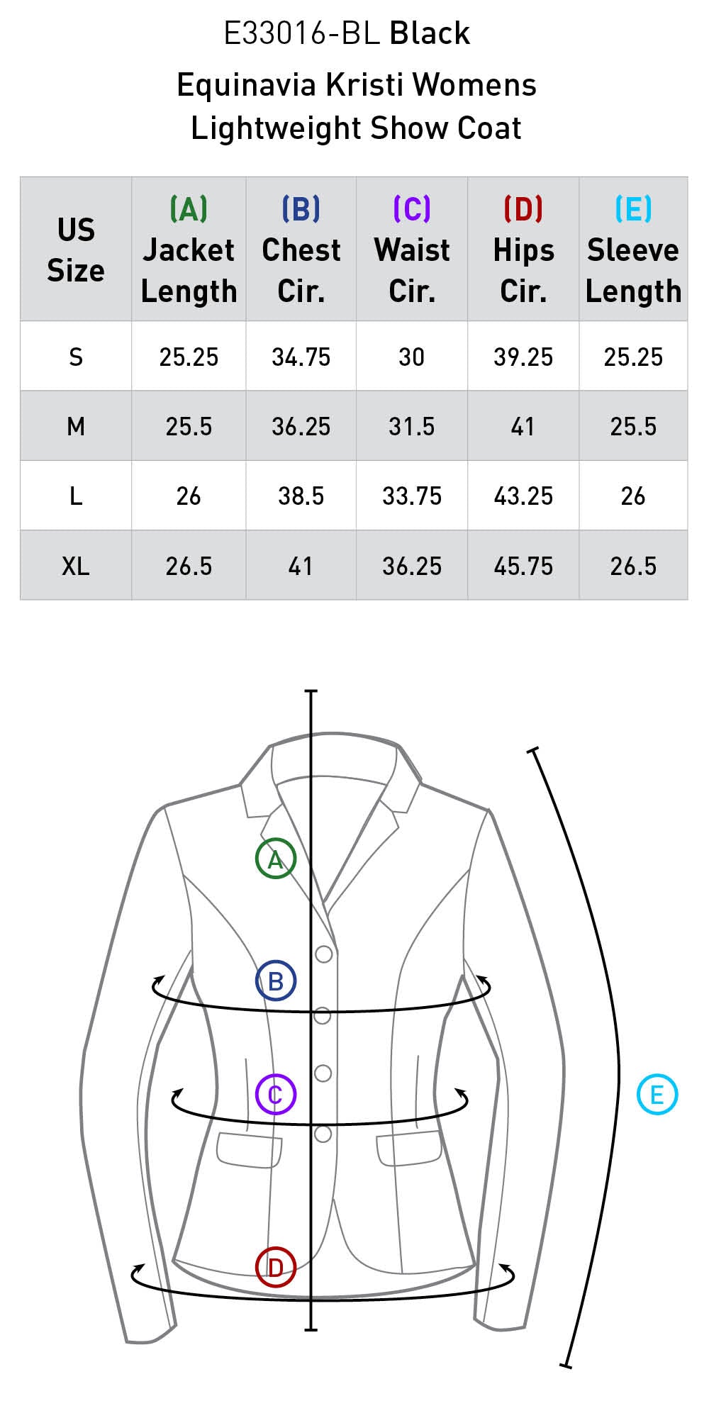 Size chart: Show Coats