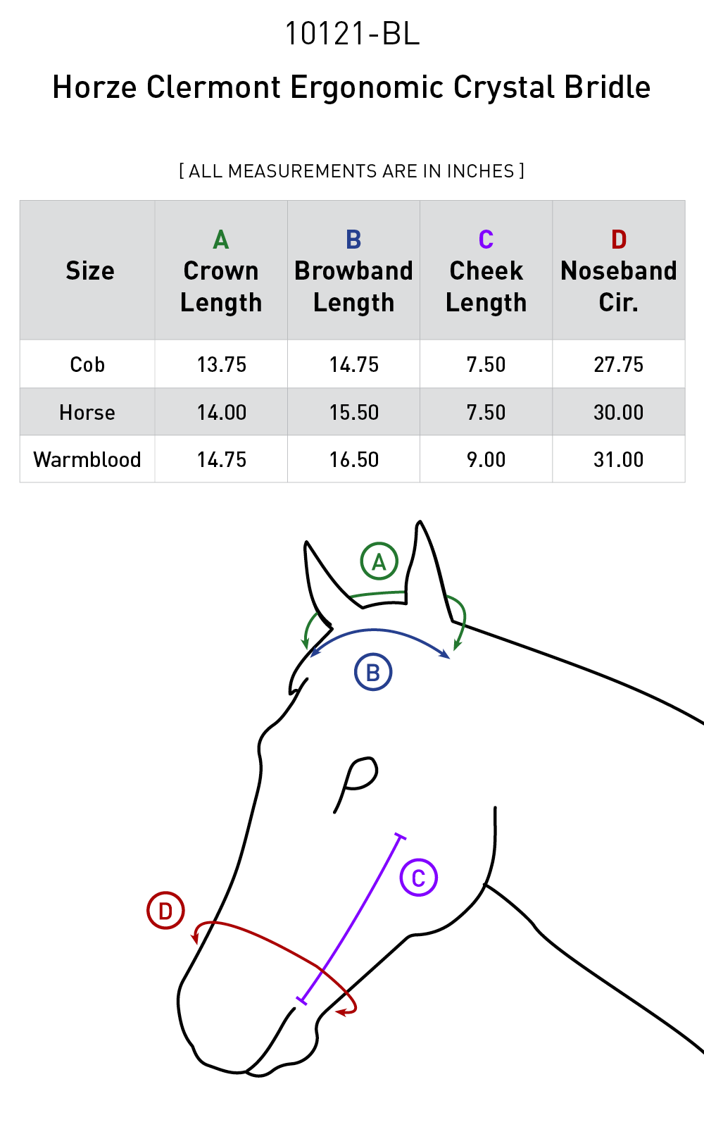 Size chart: English Bridles