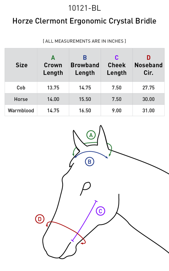 Size chart: English Bridles