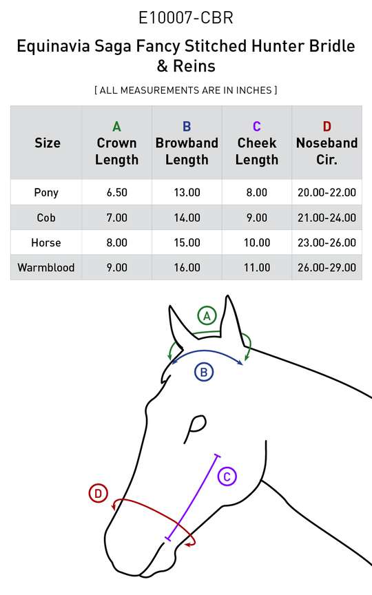 Size chart: English Bridles
